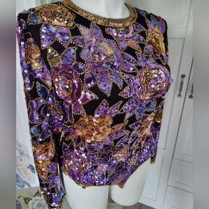 Oleg Cassini Black Tie Silk Sequin Top Stunning Condition XL 12-14 Vintage 70's